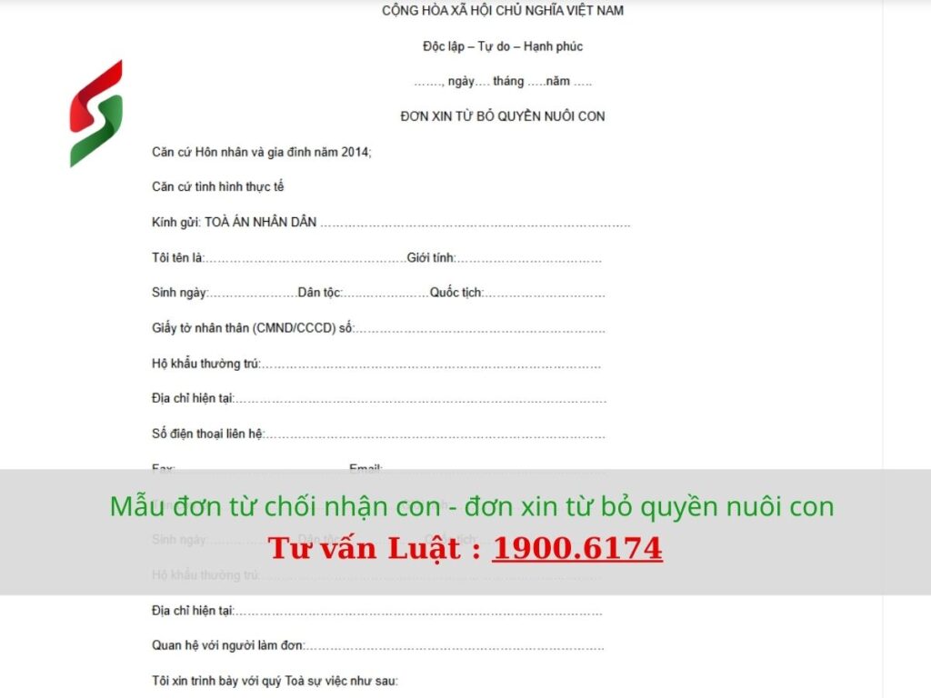 Mẫu đơn từ chối nhận con mới nhất 2025 - Hướng dẫn viết 13 Mẫu đơn từ chối nhận con - đơn xin từ bỏ quyền nuôi con