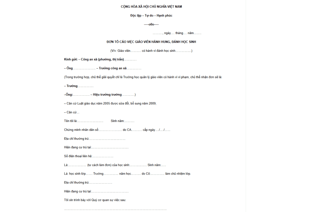 đơn tố cáo việc giáo viên hành hung đánh học sinh